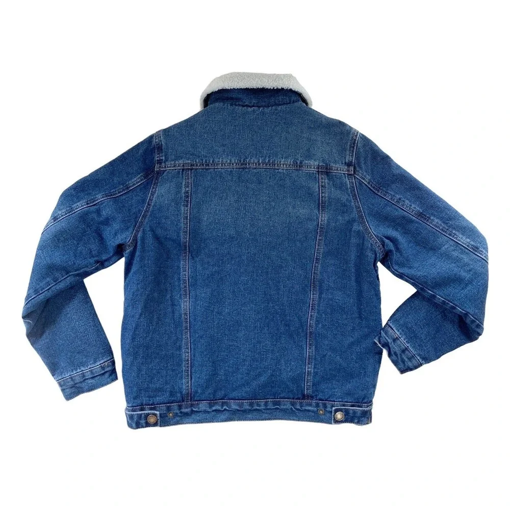 Denim Jacket Womens Small Sherpa Lined Trucker Distressed Fur Collar Cotton Poly